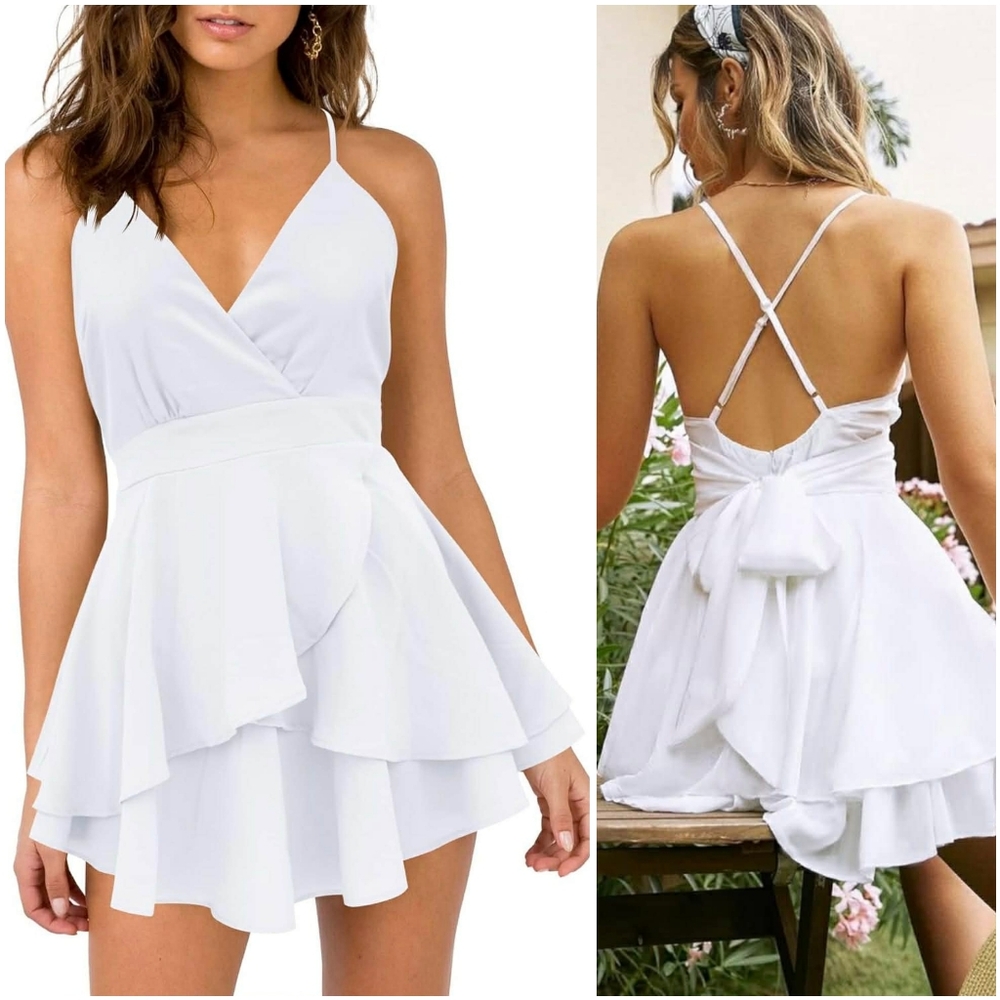 NWT Firfig White V Spaghetti Cross Strap Flowy Tie Ruffle Skater Mini Dress M